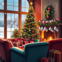 A festive Christmas scene featuring a beautifully decorated fir tree adorned with colorful baubles, twinkling fairy lights, and a shining star on top