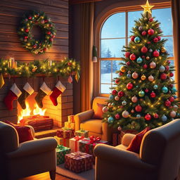 A festive Christmas scene featuring a beautifully decorated fir tree adorned with colorful baubles, twinkling fairy lights, and a shining star on top