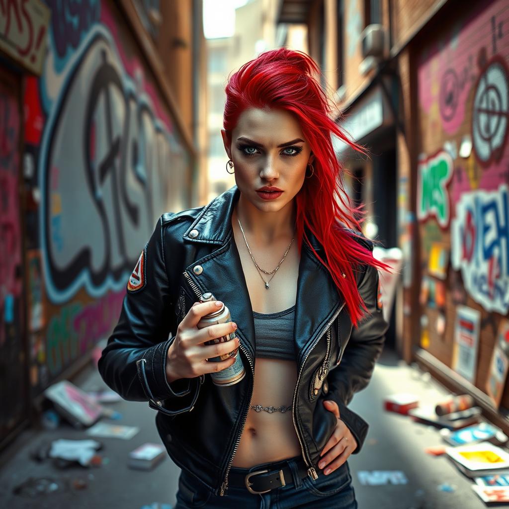 A fierce and determined woman with vibrant red hair, wearing a black leather jacket adorned with patches, standing confidently in a graffiti-covered alley
