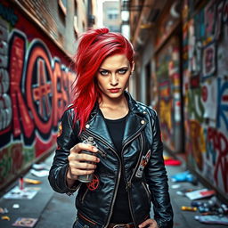 A fierce and determined woman with vibrant red hair, wearing a black leather jacket adorned with patches, standing confidently in a graffiti-covered alley