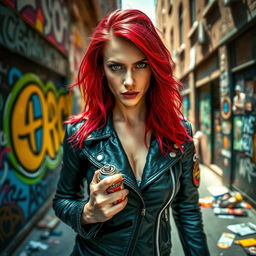 A fierce and determined woman with vibrant red hair, wearing a black leather jacket adorned with patches, standing confidently in a graffiti-covered alley