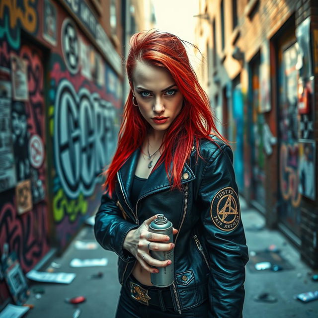 A fierce and determined woman with vibrant red hair, wearing a black leather jacket adorned with patches, standing confidently in a graffiti-covered alley