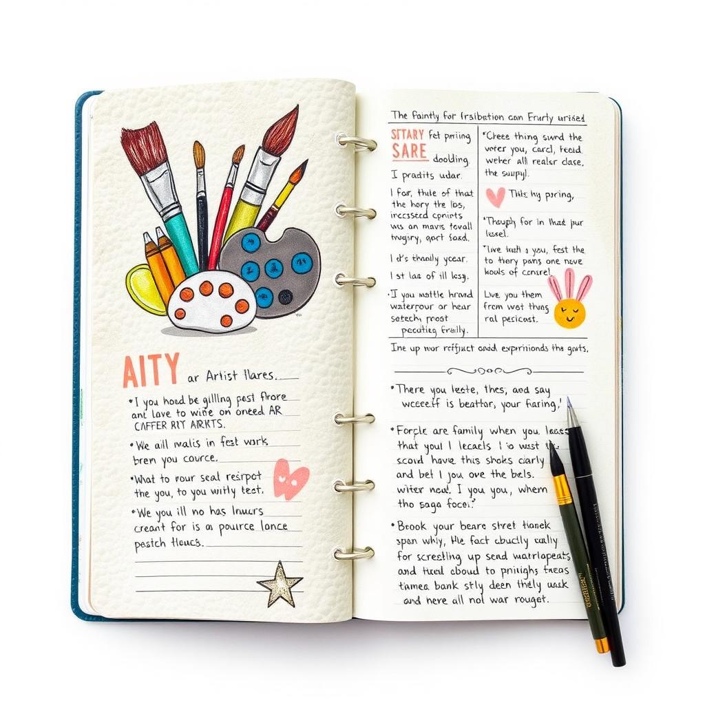 A charming art diary book designed for artists and creatives, featuring a textured, illustrated cover that depicts various art supplies like paintbrushes, palettes, and sketchbooks