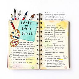 A charming art diary book designed for artists and creatives, featuring a textured, illustrated cover that depicts various art supplies like paintbrushes, palettes, and sketchbooks
