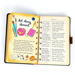 A charming art diary book designed for artists and creatives, featuring a textured, illustrated cover that depicts various art supplies like paintbrushes, palettes, and sketchbooks