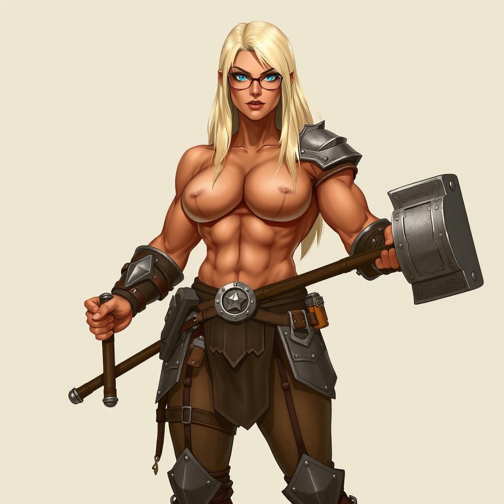A full-body illustration of a very muscular woman with terracotta-colored skin and platinum blonde, waist-length straight hair