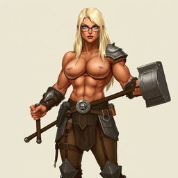 A full-body illustration of a very muscular woman with terracotta-colored skin and platinum blonde, waist-length straight hair