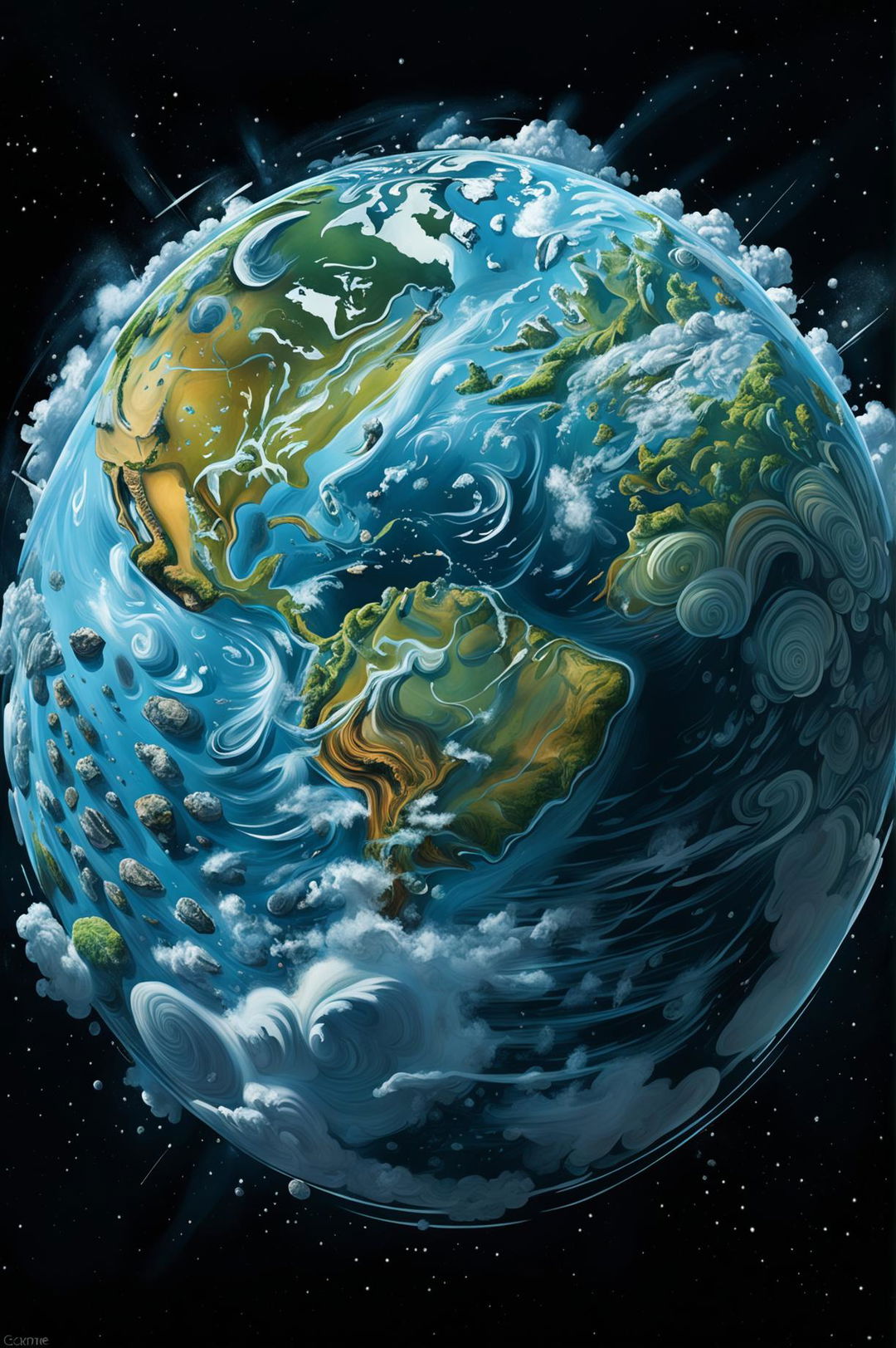 A highly detailed, high-definition drawing of Earth from outer space, featuring a vibrant sphere with green landmasses, blue oceans, and white clouds