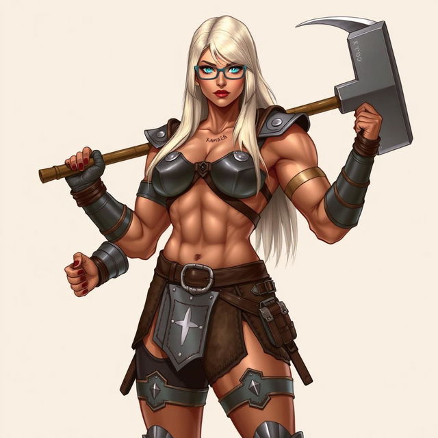 A full-body illustration of a very muscular woman with terracotta-colored skin and platinum blonde, waist-length straight hair