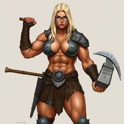 A full-body illustration of a very muscular woman with terracotta-colored skin and platinum blonde, waist-length straight hair