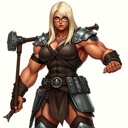 A full-body illustration of a very muscular woman with terracotta-colored skin and platinum blonde, waist-length straight hair
