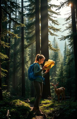 A serene yet suspenseful scene in a deep, dense forest, showcasing a lost hiker