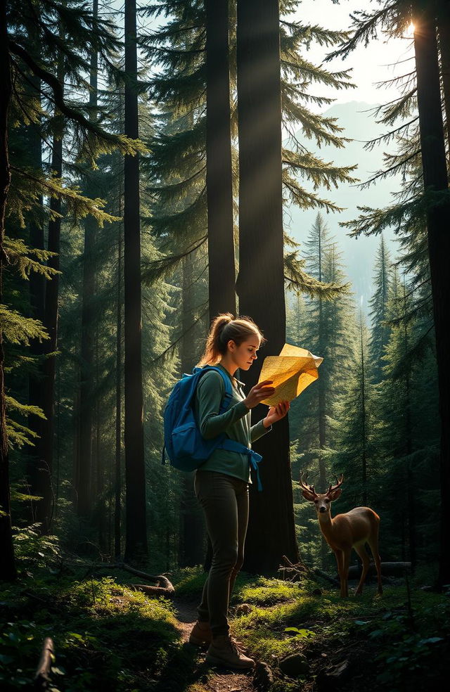 A serene yet suspenseful scene in a deep, dense forest, showcasing a lost hiker