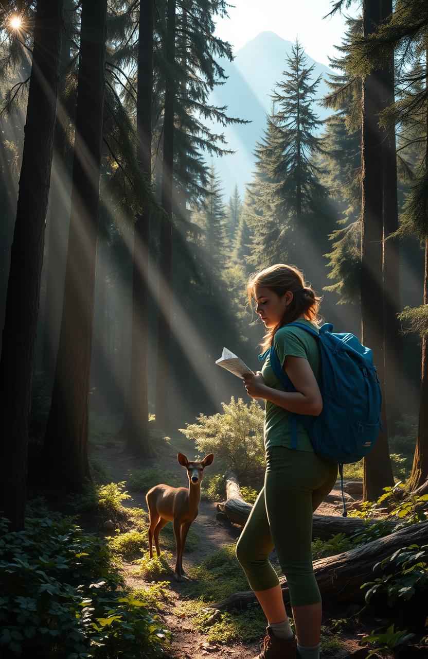 A serene yet suspenseful scene in a deep, dense forest, showcasing a lost hiker