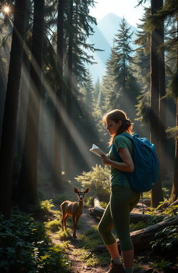A serene yet suspenseful scene in a deep, dense forest, showcasing a lost hiker