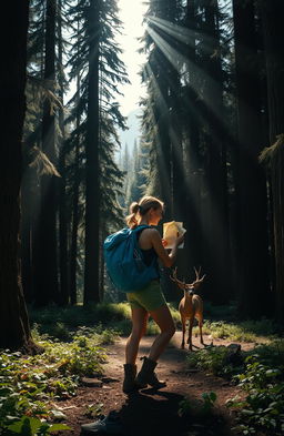 A serene yet suspenseful scene in a deep, dense forest, showcasing a lost hiker