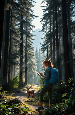 A serene yet suspenseful scene in a deep, dense forest, showcasing a lost hiker