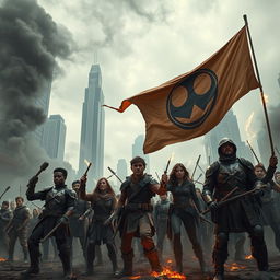 A dramatic scene depicting a rebellion in a futuristic city