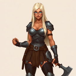 A full-body illustration of a woman with terracotta-colored skin and platinum blonde, waist-length straight hair