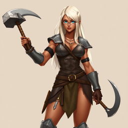 A full-body illustration of a woman with terracotta-colored skin and platinum blonde, waist-length straight hair