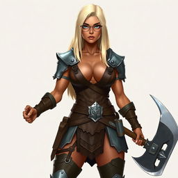 A full-body illustration of a woman with terracotta-colored skin and platinum blonde, waist-length straight hair