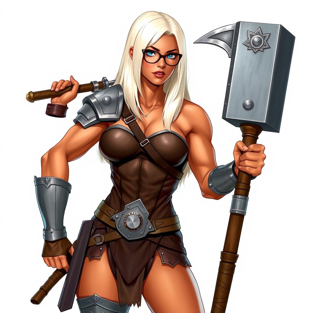A full-body illustration of a woman with terracotta-colored skin and platinum blonde, waist-length straight hair
