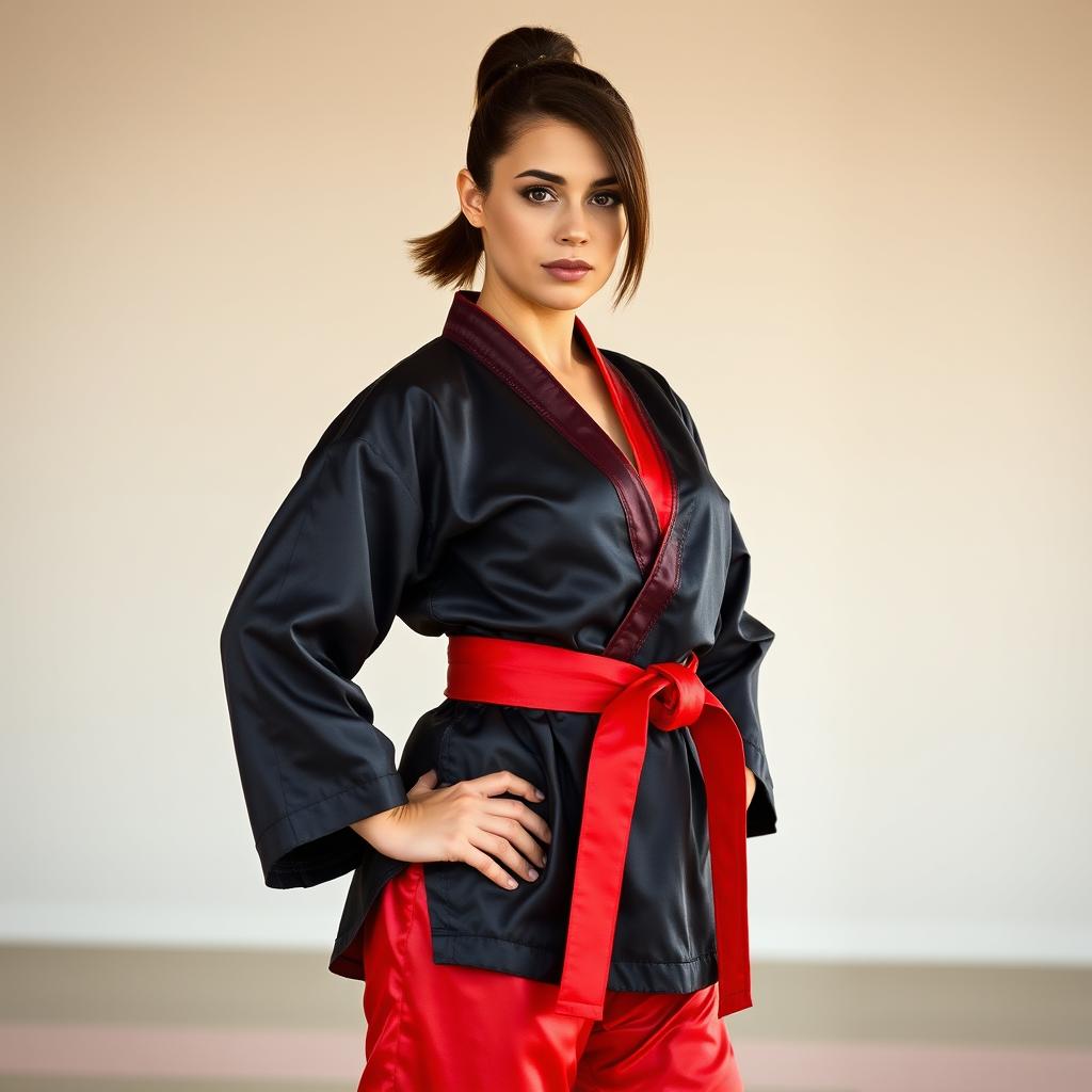 A beautiful Caucasian woman, an expert in martial arts, stands confidently with her hands on her hips