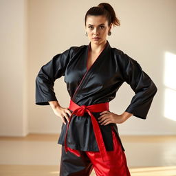 A beautiful Caucasian woman, an expert in martial arts, stands confidently with her hands on her hips