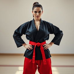 A beautiful Caucasian woman, an expert in martial arts, stands confidently with her hands on her hips