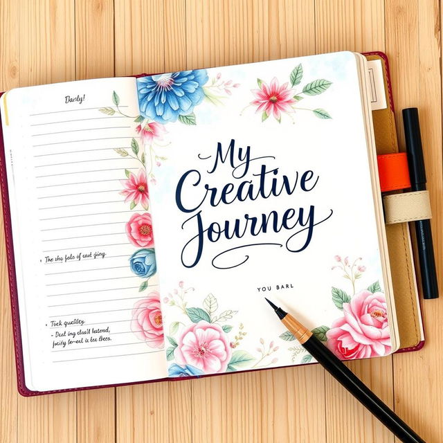 A stunning 50-page diary book designed for personal reflection and creativity, featuring a captivating cover page that combines an artistic collage of watercolor illustrations, floral patterns, and elegant calligraphy