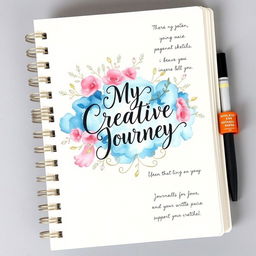 A stunning 50-page diary book designed for personal reflection and creativity, featuring a captivating cover page that combines an artistic collage of watercolor illustrations, floral patterns, and elegant calligraphy