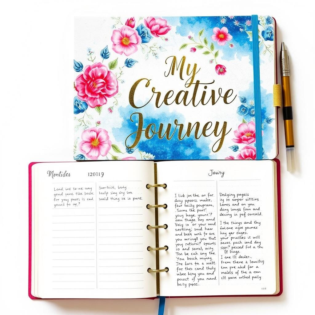 A stunning 50-page diary book designed for personal reflection and creativity, featuring a captivating cover page that combines an artistic collage of watercolor illustrations, floral patterns, and elegant calligraphy