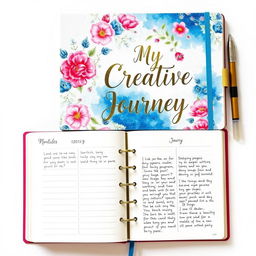 A stunning 50-page diary book designed for personal reflection and creativity, featuring a captivating cover page that combines an artistic collage of watercolor illustrations, floral patterns, and elegant calligraphy