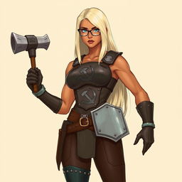 A full-body illustration of a woman with terracotta-colored skin and platinum blonde, waist-length straight hair
