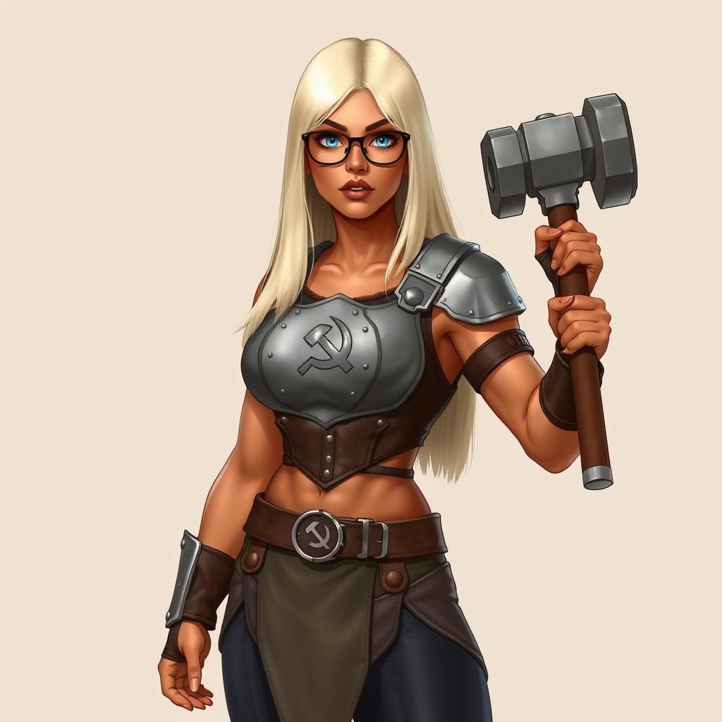 A full-body illustration of a woman with terracotta-colored skin and platinum blonde, waist-length straight hair