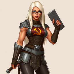 A full-body illustration of a woman with terracotta-colored skin and platinum blonde, waist-length straight hair