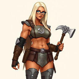 A full-body illustration of a woman with terracotta-colored skin and platinum blonde, waist-length straight hair