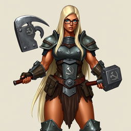 A full-body illustration of a half-orc woman with terracotta-colored skin and long, straight platinum blonde hair reaching her waist
