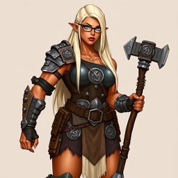 A full-body illustration of a half-orc woman with terracotta-colored skin and long, straight platinum blonde hair reaching her waist