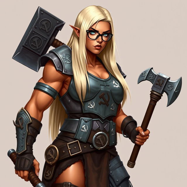 A full-body illustration of a half-orc woman with terracotta-colored skin and long, straight platinum blonde hair reaching her waist