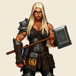 A full-body illustration of a half-orc woman with terracotta-colored skin and long, straight platinum blonde hair reaching her waist