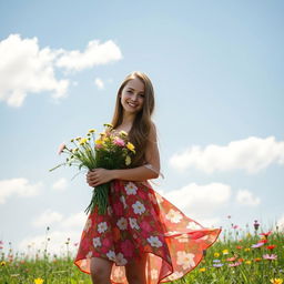 A young woman with long flowing hair standing confidently in a sun-drenched meadow, wearing a vibrant floral dress that billows slightly in the gentle breeze