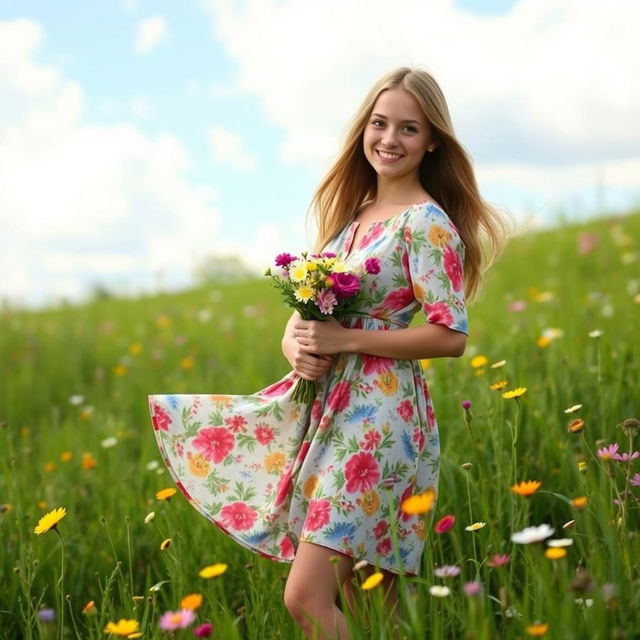 A young woman with long flowing hair standing confidently in a sun-drenched meadow, wearing a vibrant floral dress that billows slightly in the gentle breeze