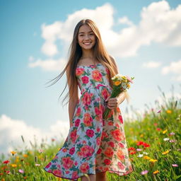 A young woman with long flowing hair standing confidently in a sun-drenched meadow, wearing a vibrant floral dress that billows slightly in the gentle breeze