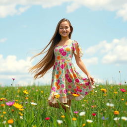 A young woman with long flowing hair standing confidently in a sun-drenched meadow, wearing a vibrant floral dress that billows slightly in the gentle breeze