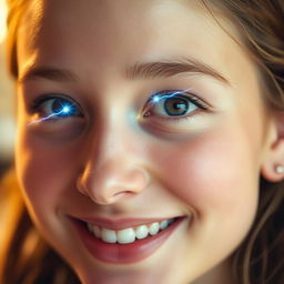 A close-up portrait of a person with a warm smile, focusing on their expressive eyes