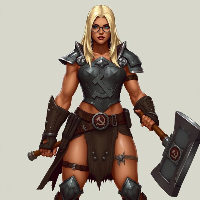 A full-body illustration of a half-orc woman with terracotta-colored skin and platinum blonde, waist-length straight hair