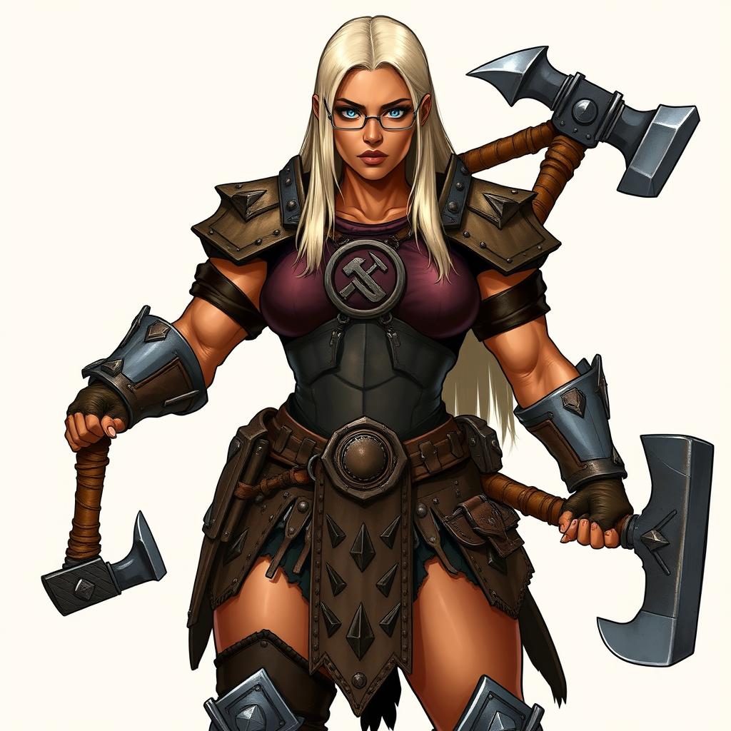 A full-body illustration of a half-orc woman with terracotta-colored skin and platinum blonde, waist-length straight hair