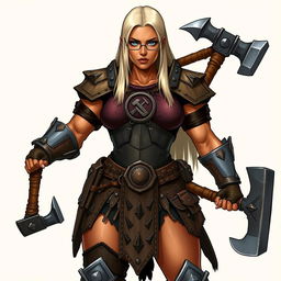A full-body illustration of a half-orc woman with terracotta-colored skin and platinum blonde, waist-length straight hair
