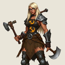 A full-body illustration of a half-orc woman with terracotta-colored skin and platinum blonde, waist-length straight hair